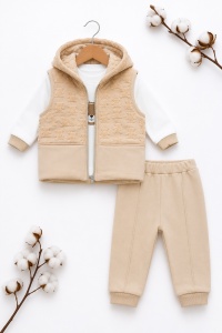 Set bebe 3 piese din bumbac cu vesta groasa, bluza si pantaloni crem pentru fetite - Img 5