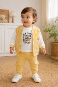Set bebe 3 piese galben din bumbac cu bluza, jacheta college si pantaloni pentru bebelusi