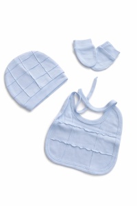 Set bebe 5 piese albastru pastel bumbac bluza pantaloni caciula bavetica - Img 5
