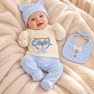Set bebe 5 piese bumbac bleu si crem, ursulet COOL, pantaloni cu botosei integrati