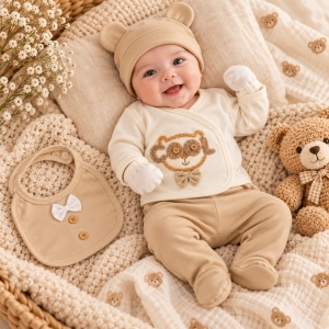 Set bebe 5 piese bumbac crem si bej, ursulet COOL, pantaloni cu botosei integrati