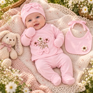 Set bebe 5 piese bumbac roz, floricele 3D si fundita, pantaloni cu botosei