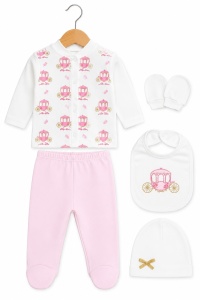 Set bebe 5 piese roz din bumbac cu trasura printesa pentru fetite nou-nascute - Img 2