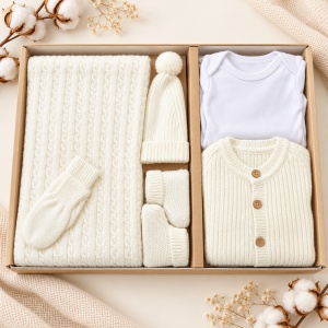 Set bebe 6 piese lana naturala ivory, salopeta, body, paturica, caciula, manusi si botosei - Img 2