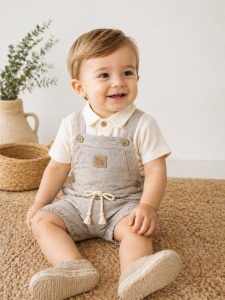 Set bebe baiat 2 piese camasa si salopeta cu bretele stil in culoare bej