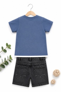 Set bebe baiat 2 piese tricou albastru cu imprimeu si pantaloni scurti denim negri - Img 3