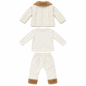 Set bebe baiat 3 piese bumbac, jacheta crem, bluza cu motocicleta si pantaloni - Img 4