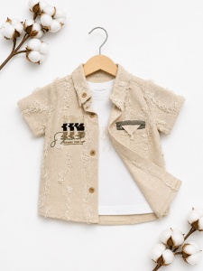 Set bebe baiat 3 piese camasa bej texturata tricou si pantaloni scurti verzi vara - Img 3