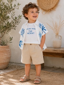 Set bebe baiat 3 piese camasa imprimeu albastru tricou si pantaloni vara