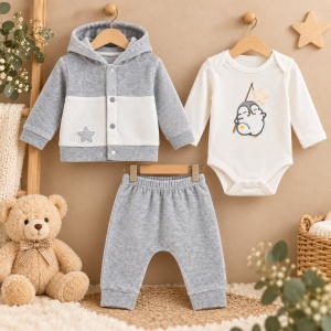 Set bebe baiat 3 piese, catifea gri, body bumbac cu pinguin, hanorac si pantaloni - Img 2