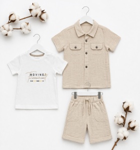 Set bebe baiat 3 piese din muselina camasa tricou si pantaloni scurti casual - Img 2