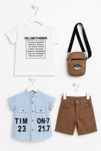 Set bebe baiat 4 piese tricou camasa pantaloni scurti si geanta casual vara - Img 3