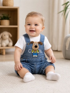 Set bebe baiat salopeta denim 2 piese – salopeta cu catel aplicat si tricou alb