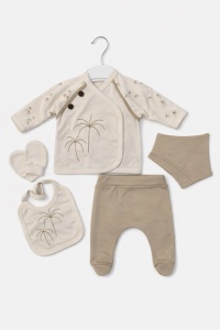 Set bebe baieti 5 piese bej palmieri bluza pantaloni baveta - Img 2