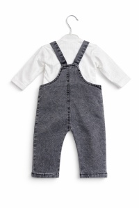 Set bebe baieti salopeta denim gri cu ursulet si bluza cu maneca lunga haine bebe - Img 3