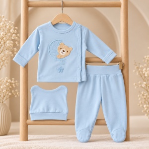 Set bebe bleu prafuit din bumbac 3 piese cu ursulet pe luna si pantaloni cu botosei - Img 2