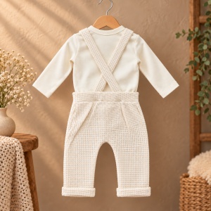 Set bebe din bumbac cu salopeta tip overall si bluza cu maneca lunga, crem - Img 4