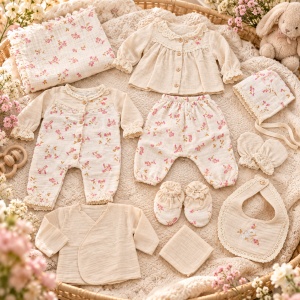 Set bebe din muselina 10 piese, crem cu imprimeu floral roz