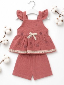 Set bebe fete 2 piese muselina premium bluza cu volane si pantaloni scurti roz pudra - Img 2