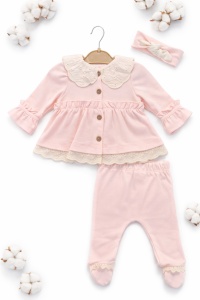 Set bebe fete roz pastel 3 piese elegant dantela bluza pantaloni bentita - Img 2