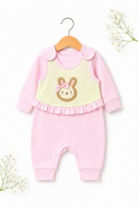 Set bebe fetita 2 piese roz cu salopeta si bluza iepuras din bumbac - Img 4