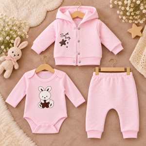 Set bebe fetita 3 piese din bumbac roz cu hanorac cu gluga body si pantaloni - Img 2