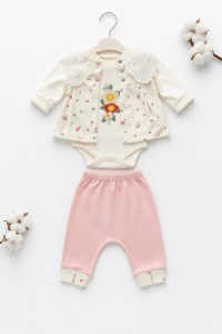 Set bebe fetita 3 piese elegant body bluza pantaloni roz floral - Img 2