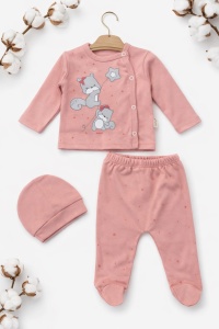 Set bebe fetita 3 piese roz bumbac bluza pantaloni cu botosei si caciulita - Img 2