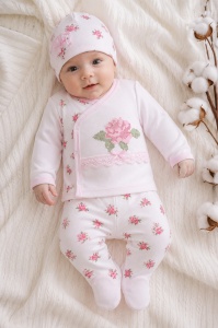 Set bebe fetita 3 piese roz cu flori, dantela si broderie trandafir