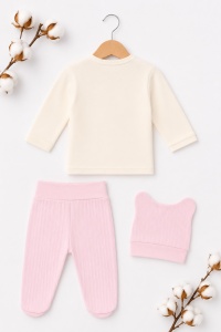 Set bebe fetita 3 piese roz din bumbac cu bluza pantalon si caciulita happy bunny - Img 3
