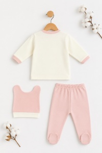 Set bebe fetita 3 piese roz din bumbac cu bluza pantalon si caciulita model pinguin - Img 3