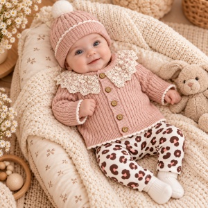 Set bebe fetita 4 piese, pulover si caciulita din lana naturala, body, pantaloni animal print, roz