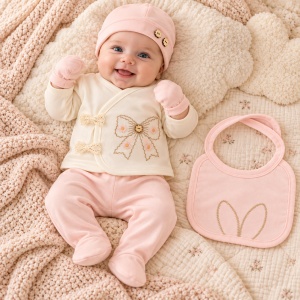 Set bebe fetita 5 piese bumbac crem si roz, fundita brodata, pantaloni cu botosei integrati