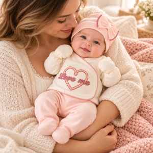 Set bebe fetita 5 piese bumbac crem si roz, Love Me, pantaloni cu botosei integrati - Img 3