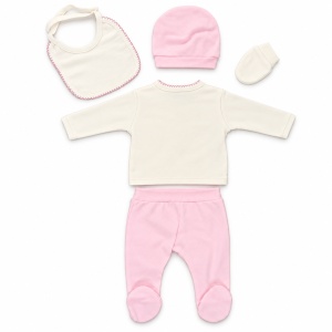 Set bebe fetita 5 piese bumbac crem si roz, Love Me, pantaloni cu botosei integrati - Img 4
