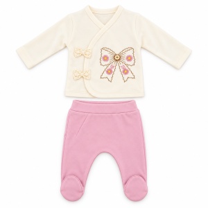 Set bebe fetita 5 piese bumbac crem si roz pudrat, fundita brodata, pantaloni cu botosei integrati - Img 4