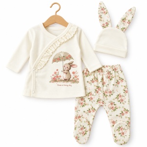 Set bebe fetita din bumbac 10 piese, crem cu flori roz si iepuras - Img 3