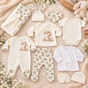 Set bebe fetita din bumbac 10 piese, crem cu imprimeu floral si iepuras