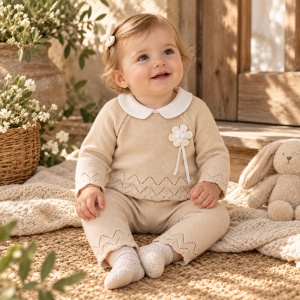 Set bebe fetita din bumbac bej cu bluza tricotata si pantaloni - Img 2