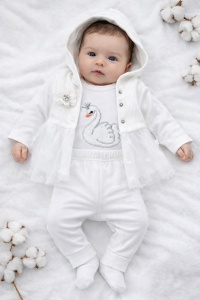 Set bebe fetite 3 piese alb cu lebada, body pantaloni si jacheta