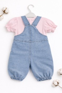 Set bebe fetite salopeta denim cu iepuras si tricou roz, haine bebelusi - Img 3