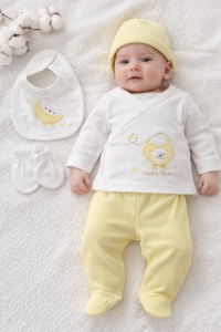 Set bebe unisex 5 piese din bumbac bluza pantaloni cu botosei caciulita manusi si bavetica
