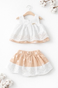 Set elegant fetite bluza brodata si fusta bej buline compleu copii, fotografie de produs pe fundal alb