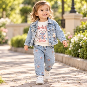 Set fetite 3 piese cu geaca si pantaloni din denim, bluza cu ursulet