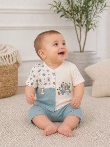 Set haine bebe baiat 2 piese bumbac premium – tricou cu capse si pantaloni albastri cu maimuta