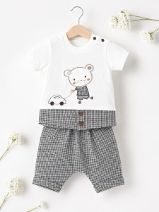 Set haine bebe baiat 2 piese bumbac premium – tricou si pantaloni scurti cu ursulet gri - Img 2