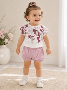 Set haine bebe fete 2 piese bumbac – tricou floral si pantaloni scurti roz