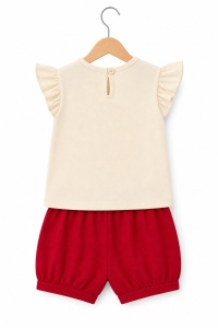 Set haine bebe fete 2 piese bumbac premium – tricou cu volanase si pantaloni rosii flower - Img 3