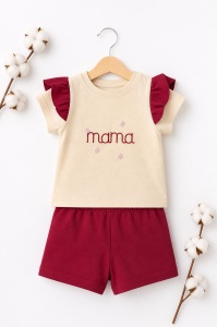 Set haine bebe fete 2 piese bumbac premium – tricou mama si pantaloni rosii - Img 2