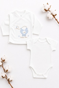 Set nou nascut 10 piese albastru, Happy Bear, bumbac moale pentru bebelusi - Img 6